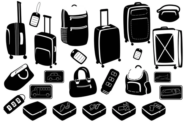 Poggyász Bőrönd Táska Hátizsák Utazás Zárak Címkék Készlete Bőröndökhöz Vektorkészlet — Stock Vector
