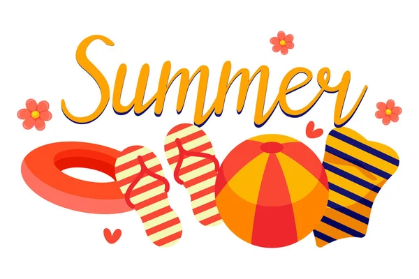 夏季物品的明亮图案 传达着阳光灿烂季节的精华 海滩或游泳池的物品 充气圈 泳衣和球 — 图库矢量图片