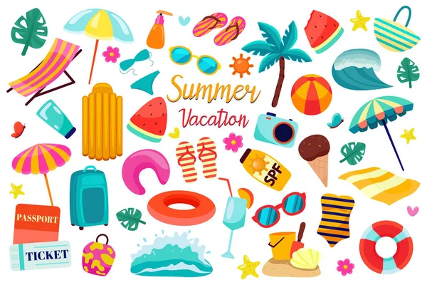 Bright Drawings Summer Items Conveying Essence Sunny Season Items Beach — Stock Vector