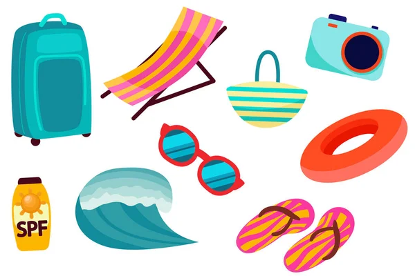 stock vector Colorful illustrations of summer objects conveying the essence of the sunny season , items for the beach or pool , sunglasses, beach umbrella, ice cream, watermelon, sun lounger, cocktail, vector 