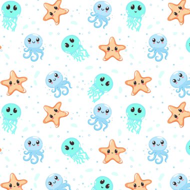Deniz hayvanlarıyla, renkli desenlerle, gülümseyen hayvanlarla, denizanalarıyla, denizyıldızlarıyla, ahtapotlarla,
