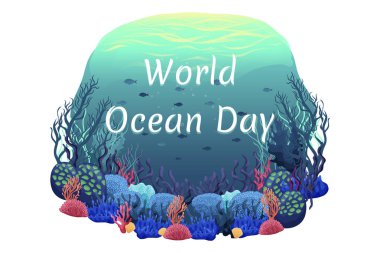 Su altı dünyası, balık, mercan resifleri, deniz yosunu, güzel okyanus, vektör ile dünya okyanus günü için yaz tatili illüstrasyonu  