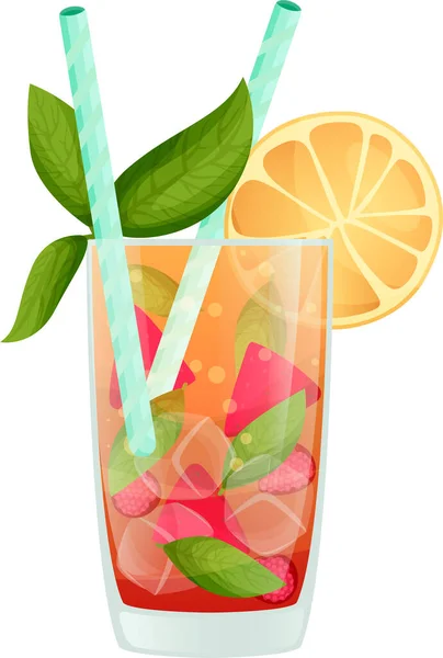 Ein Erfrischender Sommercocktail Mit Früchten Und Minzblättern Strohhalmen Und Cocktailschirmen — Stockvektor
