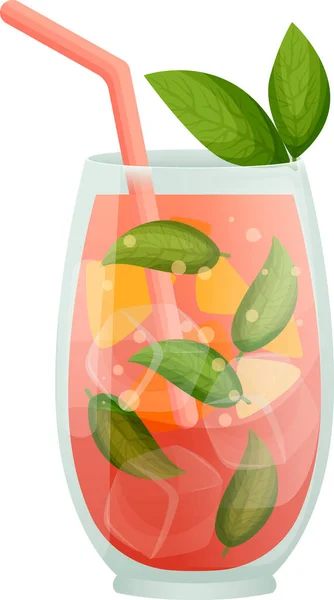 Refreshing Summer Cocktail Decorated Fruit Mint Leaves Straws Cocktail Umbrellas — Stock Vector