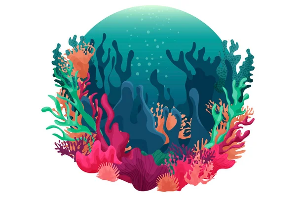 Bunte Sommer Illustration Mit Unterwasserwelt Fische Korallenriffe Algen Schöner Ozean — Stockvektor
