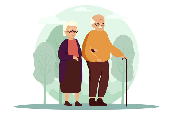 Пара пожилых людей гуляют в парке или на природе, старики гуляют, старость, семейные иллюстрации