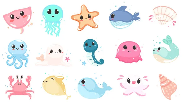 Cute Kartun Hewan Laut Dengan Mata Tersenyum Hewan Laut Warna - Stok Vektor