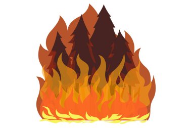 Bir orman yangınının, ağır ateş ve dumanın, yanan ağaçların ve diğer bitkilerin, ateşin bir tasviri 