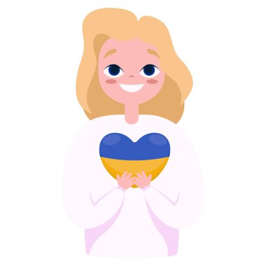 Gülümseyen bir kız ve Ukrayna bayrağı renginde bir kalp.   