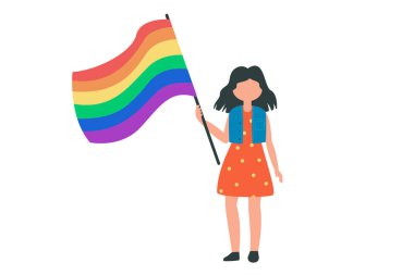 Gurur ayı, LGBT bayrağı olan resimler, büyük bir bayrak tutan kız. 