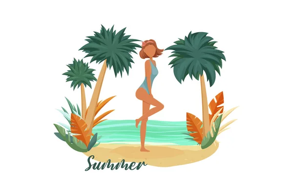 女の子はビーチに立って自然の美しさを楽しんでいます ビーチでリラックスした水着の女の子 自然の抱擁の美しさと調和に没頭するためのイラスト — ストックベクタ