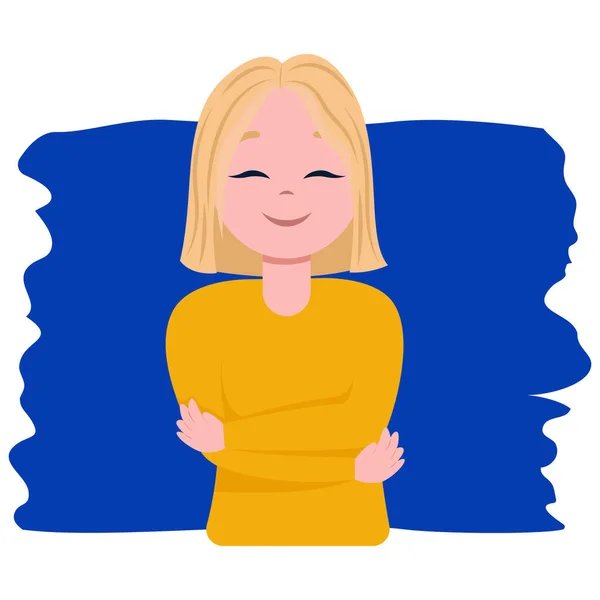 Illustration Avec Une Fille Souriante Couleurs Jaunes Bleues Vecteur — Image vectorielle