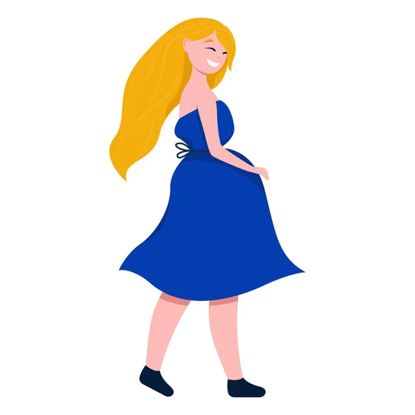 Illustration Avec Une Fille Aux Cheveux Longs Souriante Robe Bleue — Image vectorielle
