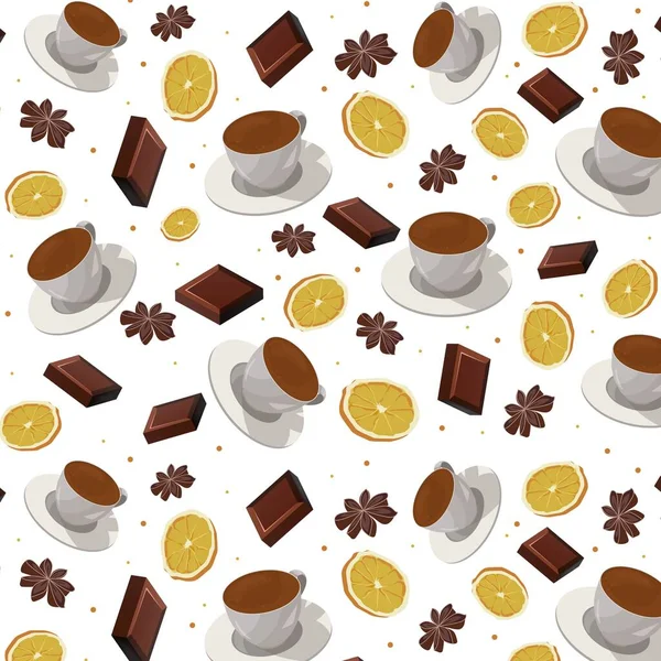 Motif Sans Couture Avec Une Tasse Café Chocolat Tranche Orange — Image vectorielle