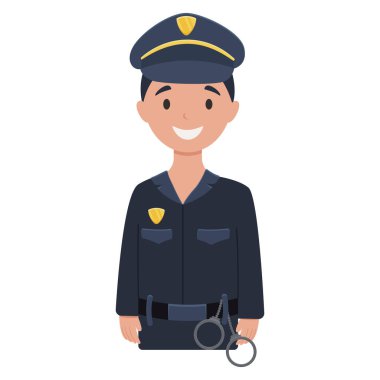 Polis memuru meslek karakteri, iş üniformalı polis memuru, çizgi film karakteri, vektör.