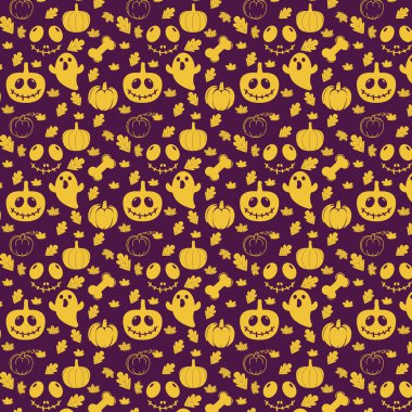 Kusursuz Cadılar Bayramı şablonu, neşeli balkabakları, kemik, sevimli korkunç hayalet, gülümseyen gözler, sonbahar yaprakları, dekoratif tatil deseni