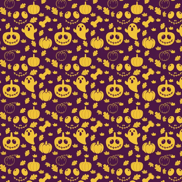 Seamless Halloween Pattern Cheerful Pumpkins Bone Cute Scary Ghost Eyes — Stock Vector