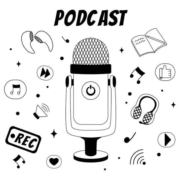 Podcast simgeleri seti, kulaklık, ses, mikrofon, fikir üreten notlar, notlar içeren satır vektör illüstrasyonları sohbeti  