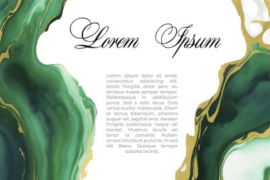 Arkaplan yeşili, zümrüt rengi, soyut arkaplan, altın çizgili sıvı mermer suluboya arkaplan, lekeler, boya lekeleri. 