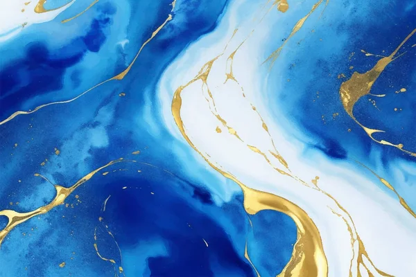 Háttér Kék Elvont Háttér Folyékony Márvány Akvarell Háttér Arany Vonalak — Stock Vector