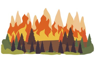 Bir orman yangınının, ağır ateş ve dumanın, yanan ağaçların ve diğer bitkilerin, ateşin bir tasviri 