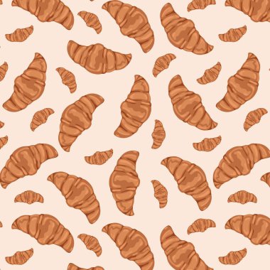 Seamless pattern with croissants. Illustration with sweet pastries. Croissant top view. Pattern with food