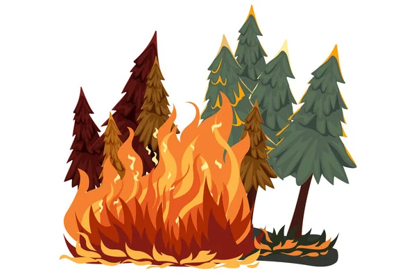 Ilustrasi Kebakaran Hutan Api Dan Asap Pohon Terbakar Dan Tanaman - Stok Vektor
