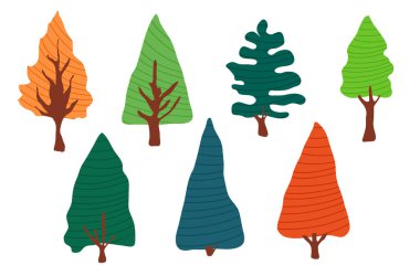 Ağaçların soyut çizimleri, renkli el çizimleri, vektör. 