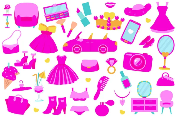 Набір Речей Рожевих Кольорах Косметика Одяг Меблі Транспорт Прикраси Телефон — стоковий вектор