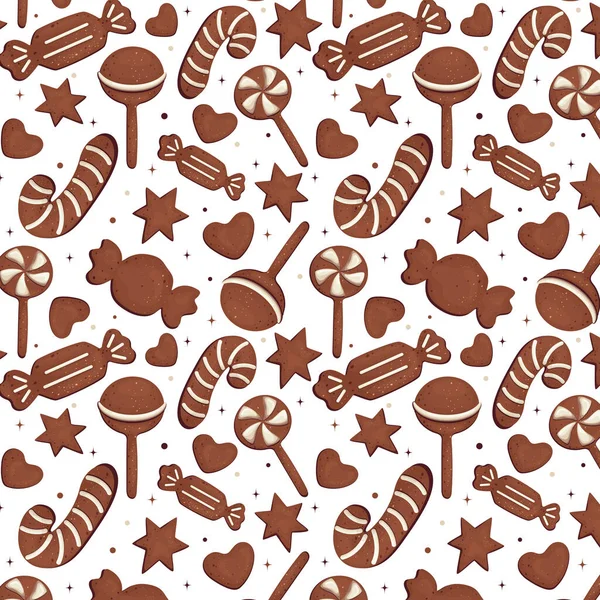 Modèle Pain Épice Bonbons Bonbons Coeurs Étoiles Nourriture — Image vectorielle