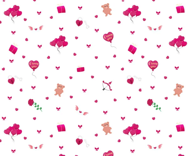 Valentine Day Pattern Rose Lots Balloons Letter Arrows Gifts Bow — Vector de stock