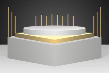 Dekoratif altın elementlerle podyum sahnesi, minimalizm, ürün tanıtımı için basit podyum, vektör  