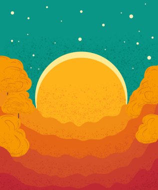 Gündoğumlu retro manzara, minimalizm, manzara, illüstrasyon vektörü  