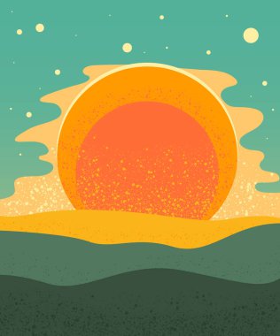 Gündoğumlu retro manzara, minimalizm, manzara, illüstrasyon vektörü  