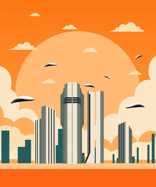 Futuristic Retro Poster Futuristic City High Rise Buildings Flying Transport — Stock Vector