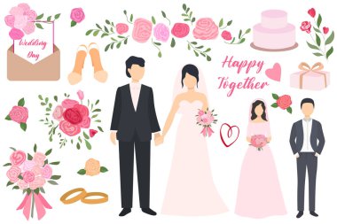 Vektör düz çizimler, düğün, gelin, damat, düğün nitelikleri. Zarif bir set. Dekoratif tasarım için düğün