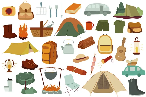 Aktives Freizeitkonzept Reise Zelten Sommerlager Flachbild Set — Stockvektor