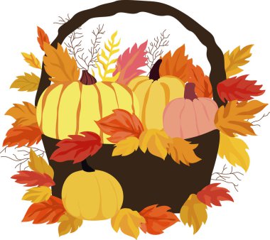 İllüstrasyon sepeti sonbahar hasadı, sonbahar yaprakları, tarım, sonbahar sezonu, tasarım elementi  