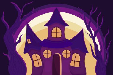 Peri masalı ürkütücü ev, cadılar bayramı, düz çizim. 