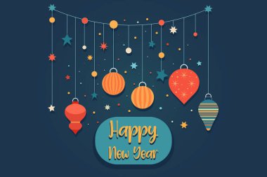 Yeni yıl için illüstrasyon, yıldızlar ve Noel süslemeleri, tebrik kartı.