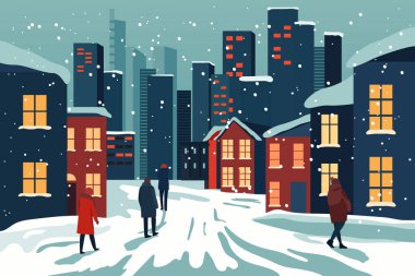 Şehirdeki kış atmosferi, yürüyen insanlar, karla kaplı evler ve sokaklar