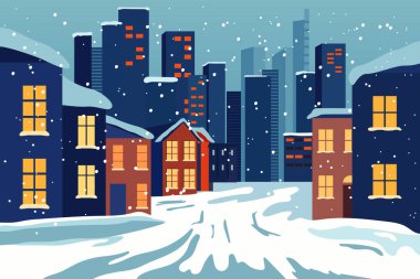Şehirde kış atmosferi, karla kaplı evler ve sokaklar