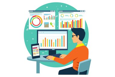 Bilgisayar başında çalışan kişi, veri, iş ve analitik kavramı, bilgisayar ve tablet analiz eden kişi