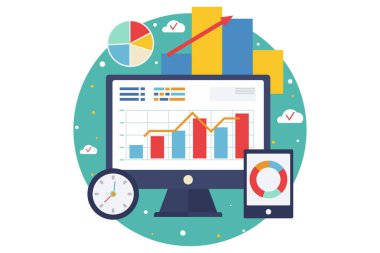 Hızlı veri ve bilgi analizi, iş ve analitik, bilgisayar ve tablet kavramı, hedef başarı