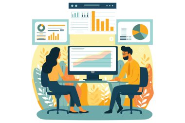 İnsanlar iletişim kuruyor, takım çalışması, verilerle bilgisayar başında çalışma ve bilgi analiz etme kavramı.