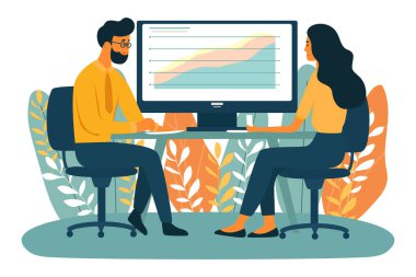 İnsanlar iletişim, takım çalışması, bilgisayar başında veri ile çalışma ve bilgiyi analiz etme kavramı