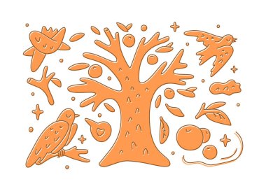 Cozy autumn garden tree with birds set. Line Art Vector Illustration. Cozy and Warm Fall Clipart. Magic Garden.	