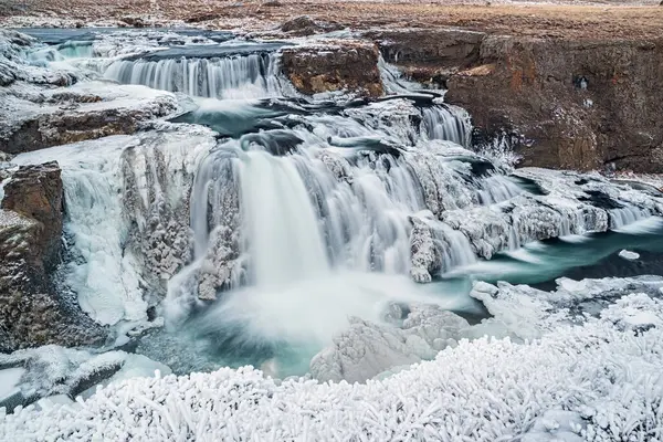 Vista Panorâmica Cachoeira Reykjafoss Rio Varmahlid Norte Islândia Inverno — Fotografia de Stock
