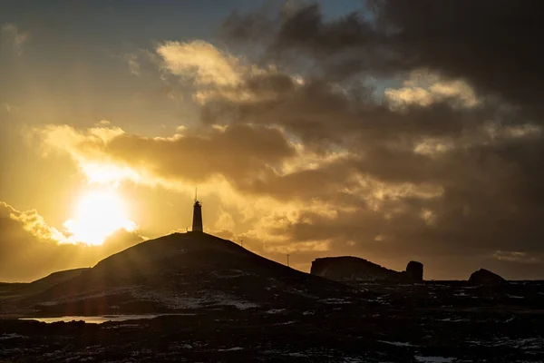 Latarnia Morska Reykjanesviti Zachodzie Słońca Podświetleniu Islandia — Zdjęcie stockowe