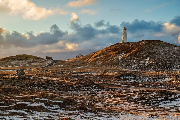 Latarnia Morska Reykjanesviti Zachodzie Słońca Sezonie Zimowym Islandia — Zdjęcie stockowe